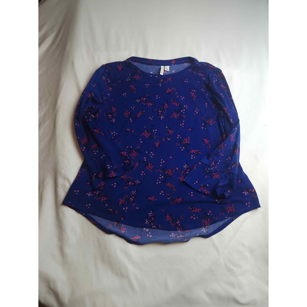 Elle Womens Blue Floral 3/4 Sleeve Blouse Top Size Medium Pink Flowers Crew Neck